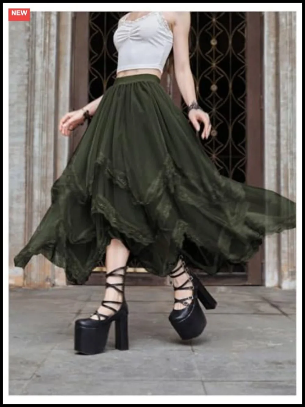 Lace Trim Layered Mesh Tulle Asymmetrical Goth Maxi Skirt High Waist